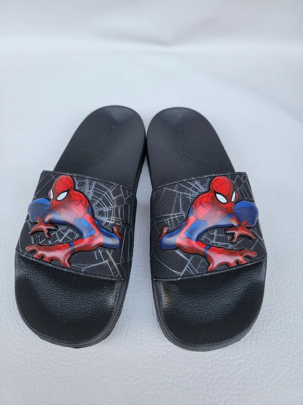 adidas Kids Black Slides with Red and Blue Spider-Man Graphic